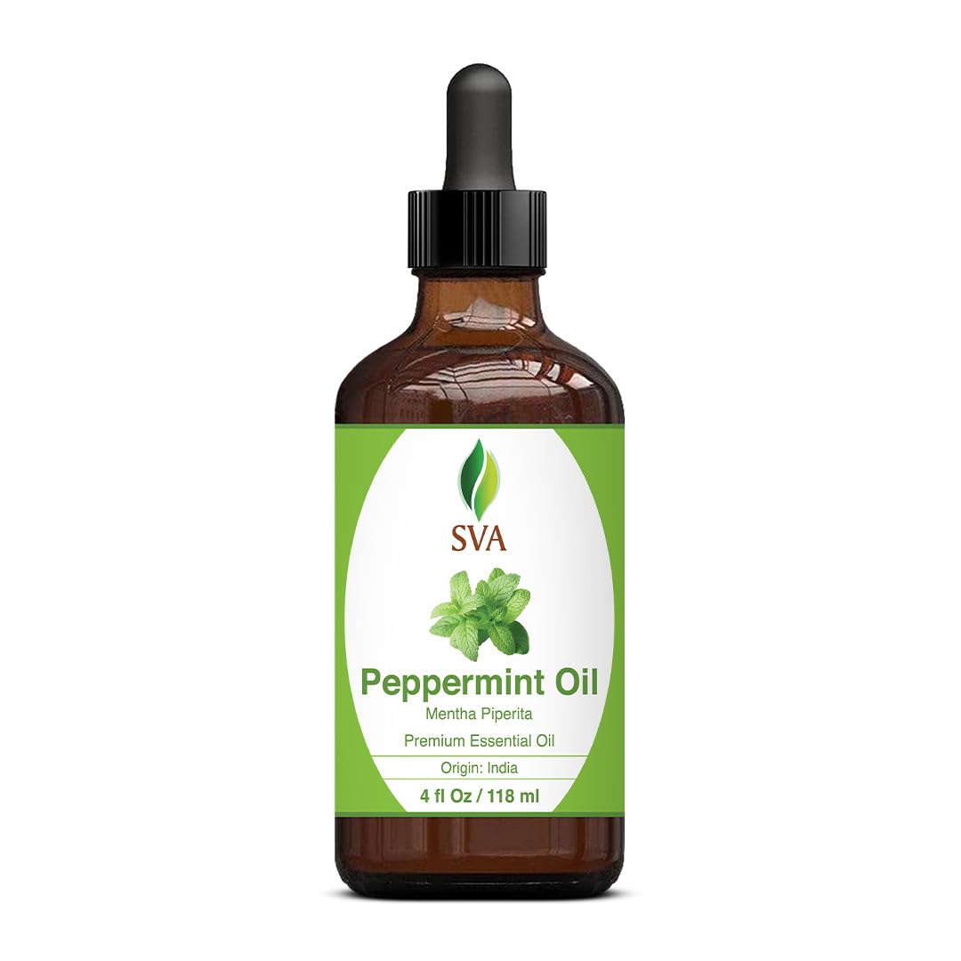 SVA Peppermint Piperita Essential Oil – 4 Fl Oz – 100% Natural Piperita Oil - for Diffuser, Hair Care, Face, Skin Care, Aromatherapy, Scalp and Body Massage, Soap and Candle Making - with Dropper