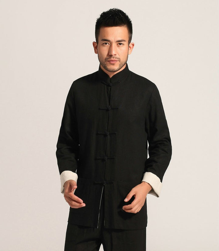 Kung Fu Jacket Both Sides Wear Tops Martial Arts Long Jersey (M, Black with Beige)