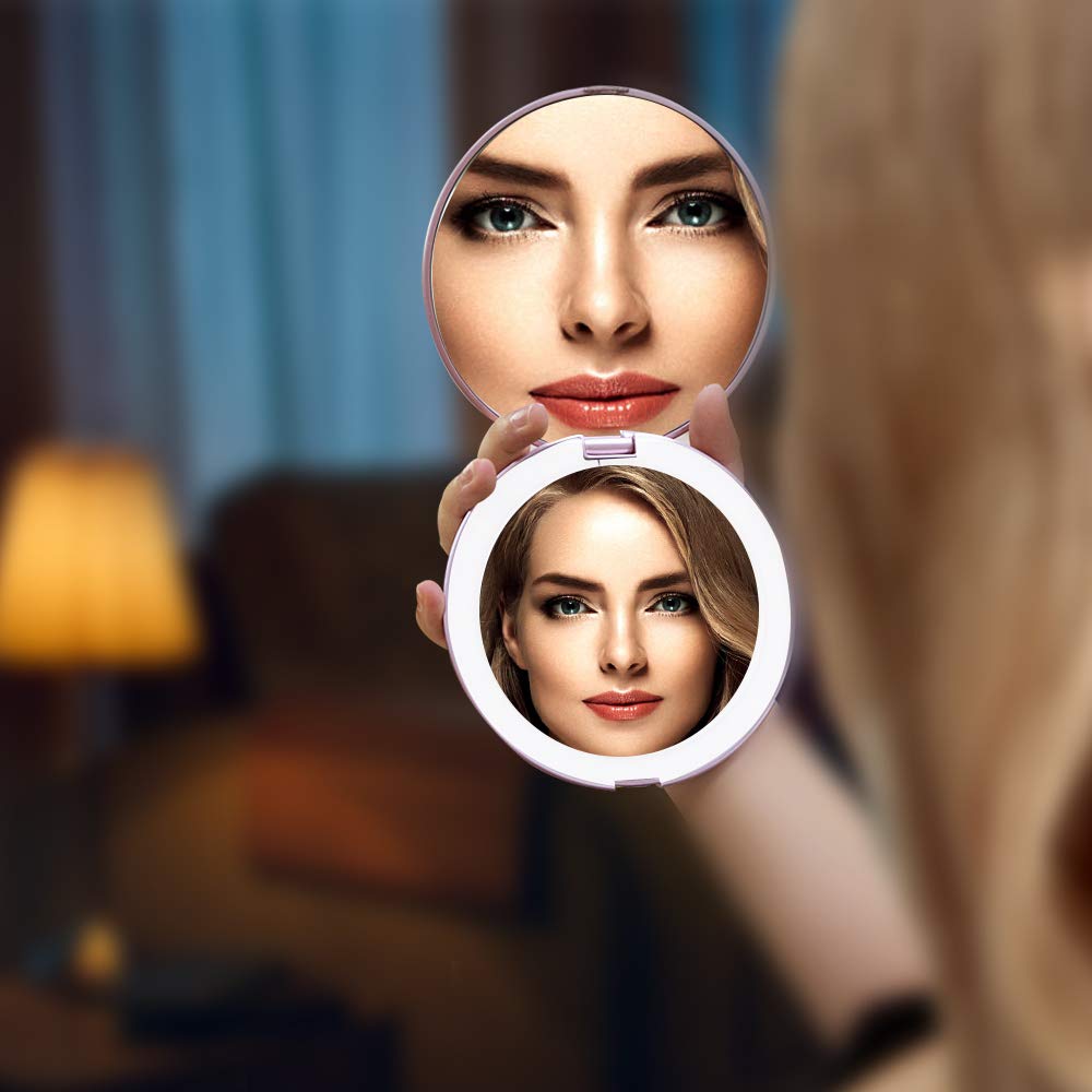 LED Lighted Travel Makeup Mirror, 1x/7x Magnification, 5 Inch Dual Sided Vanity Mirror with Lights Portable Compact Illuminated Cosmetic Mirror – Perfect for Handbag Rose Gold