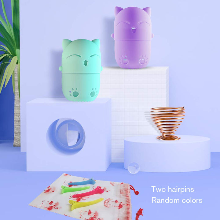 Makeup Sponge Case, Cute Cat Shaped Containers, Silicon made Perfect for Traveling, Keep Makeup Sponges in a Safe &Sanitary, with 2 Fashion Hair Clips &2 Sponge Holders (Green+Purple)