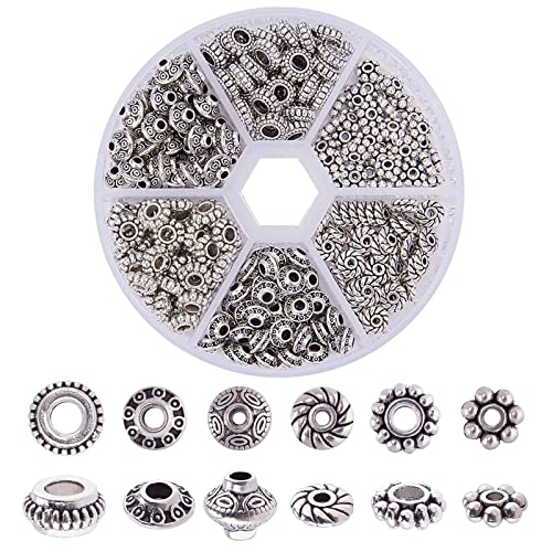 300pcs 6 Style Antique Silver Spacer Beads, Tibetan Metal Alloy Tube Spacers Flower Flat Rondelle Small Loose Beads for Bracelet Necklace Earring Jewelry Making Supplies