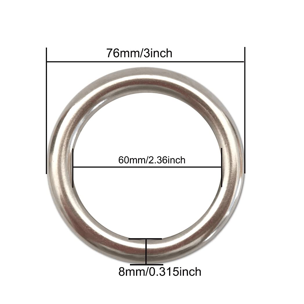 3 Metal O-Ring, 2 Pack 304 Seamless Welding Stainless Steel Rings Heavy Duty Smooth Solid Multi-Purpose Big Ring for for Crafts, 8mm x 60mm