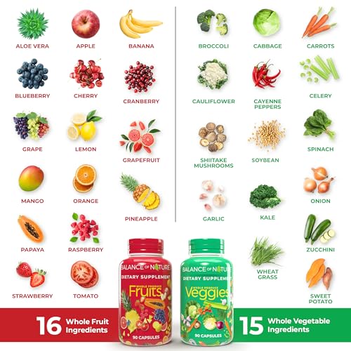 Fruits & Veggies - Whole Food Supplement with Superfood Fruits and Vegetables for Women, Men, and Kids - 90 Fruit Capsules, 90 Veggie Capsules - 1 Set