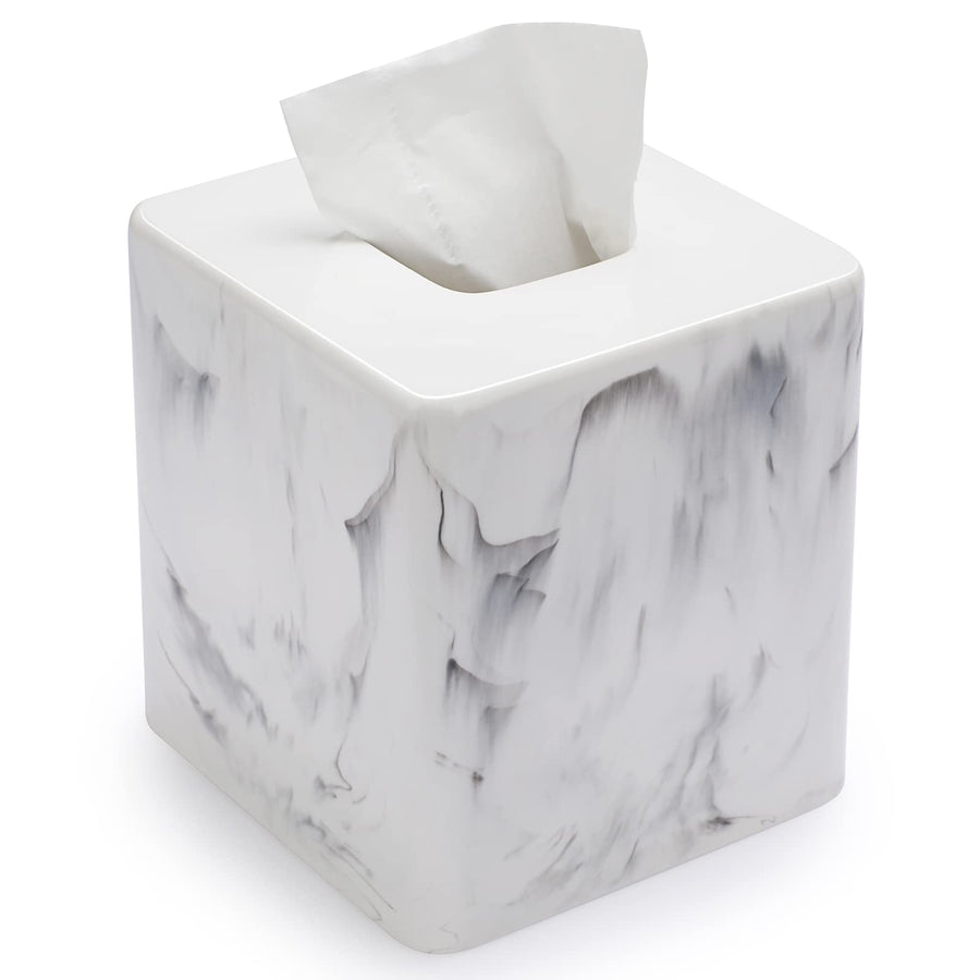 Resin Square Tissue Box Cover - Stylish Cube Tissue Box Holder with Open Bottom, Decorative Tissue Holder for Bathroom Vainty Toilet Dresser Desk Table Kitchen Countertop, Marble White