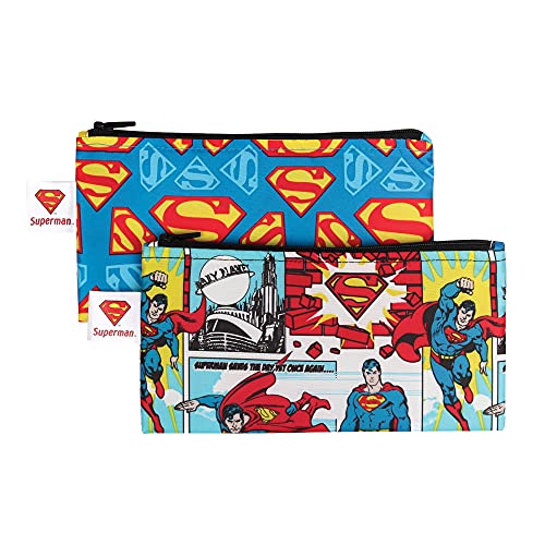 Reusable Snack Bags, for Kids School Lunch and for Adults Portion, Washable Fabric, Waterproof Cloth Zip Bag, Supplies Travel Pouch, Food-Safe, 2-pk Superman DC Comics
