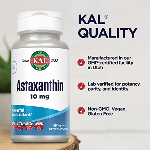 Astaxanthin 10mg, Powerful Antioxidants Supplement, Eye Health and Brain Supplement, From Natural Plant Source, Non-GMO, Vegan, Gluten Free, 30 Servings, 60 VegCaps
