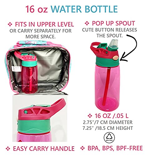 Lunch Bag for Girls with Water Bottle and Ice Pack, Cute Lunch-Box for Toddler Daycare Pre-School, Kids Container for Lunches Snacks Removable Tray, Aqua Pink Cat Mermaid