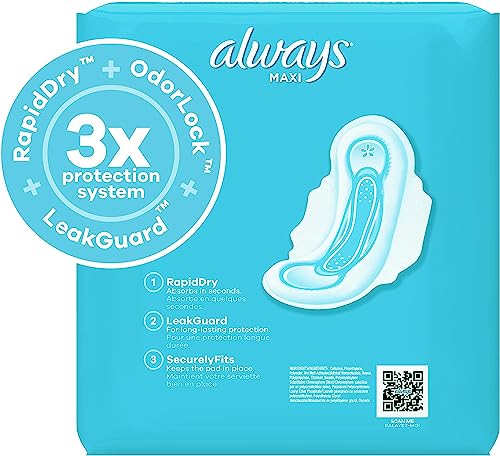 Maxi Feminine Pads for Women, Size 3 Extra Long Super Absorbency, with Wings, Unscented, 33 Count