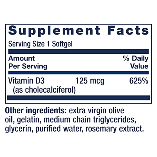 Vitamin D3 125 mcg (5000 IU), Bone Health, Brain Performance, Immune System Support, Gluten-Free, Non-GMO, Once Daily, Two-Month Supply, 60 Softgels