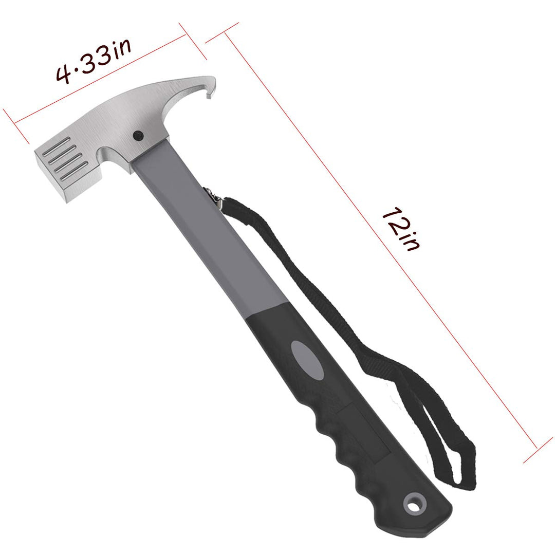 Camping Hammer Heavy Duty with Tent Stake Remover, 12.6 Steel Tent Hammer - Rubber Covered Handle Tent Mallet with Holding Strap (Black)