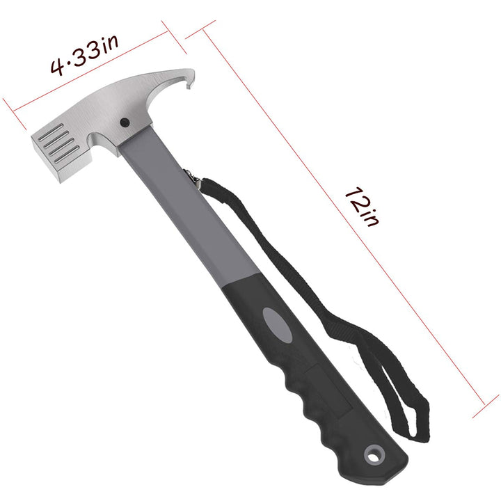 Camping Hammer Heavy Duty with Tent Stake Remover, 12.6 Steel Tent Hammer - Rubber Covered Handle Tent Mallet with Holding Strap (Black)