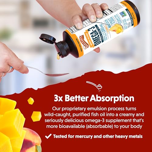 Barlean's Mango Peach Omega 3 Fish Oil Liquid Supplement with Vitamin D, 1080mg EPA & DHA Fatty Acid, Smoothie Flavored & Burpless for Brain, Joint, & Heart Health, 16 oz