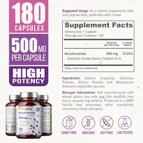 B-3 Nicotinamide 500 mg 180 Caps - Nicotinic Amide Niacin Natural Flush-Free Vitamin Formula - Supports Skin Cell Health