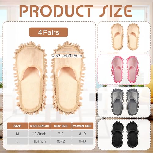 4 Pairs Washable Mop Slippers Detachable Microfiber Slippers Mop Shoes Dusting Slippers Floor Cleaning Slippers for Women Men Home Office Kitchen Floor Dust Dirt Clean, Medium(M Size)