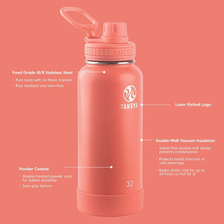 Actives Insulated Stainless Steel Water Bottle with Spout Lid, 24 Ounce, Coral