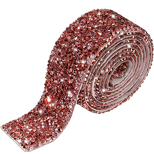Bling Crystal Rhinestone Ribbon, DIY Self-Adhesive Rhinestone Sticker Ribbon for Wedding Cakes Birthday Crafts Decorations (Pink and Rose Gold,1.1 Inch Wide)