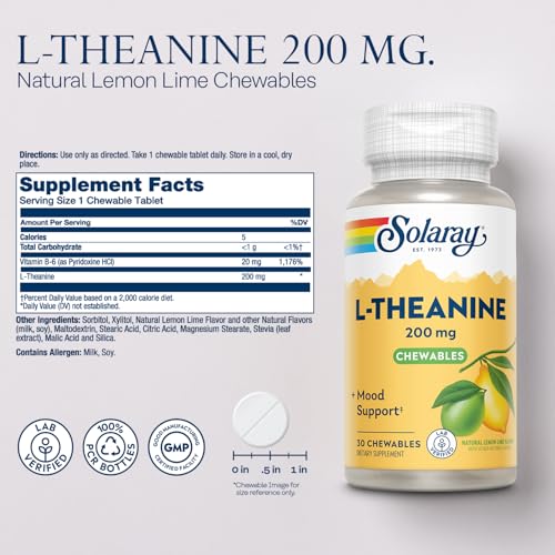 L Theanine 200mg, Mood Support Supplement with Vitamin B6 - Calming Support During Occasional Stress - Natural Lemon Lime Flavor - 60-Day Guarantee, Lab Verified - 30 Servings, 30 Chewables