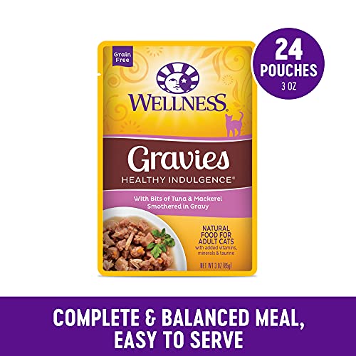 Healthy Indulgence Gravy Adult Wet Cat Food, Natural, Protein-Rich, Grain Free, 3 Ounce Pouch, 24 Pack, (Tuna & Mackerel)