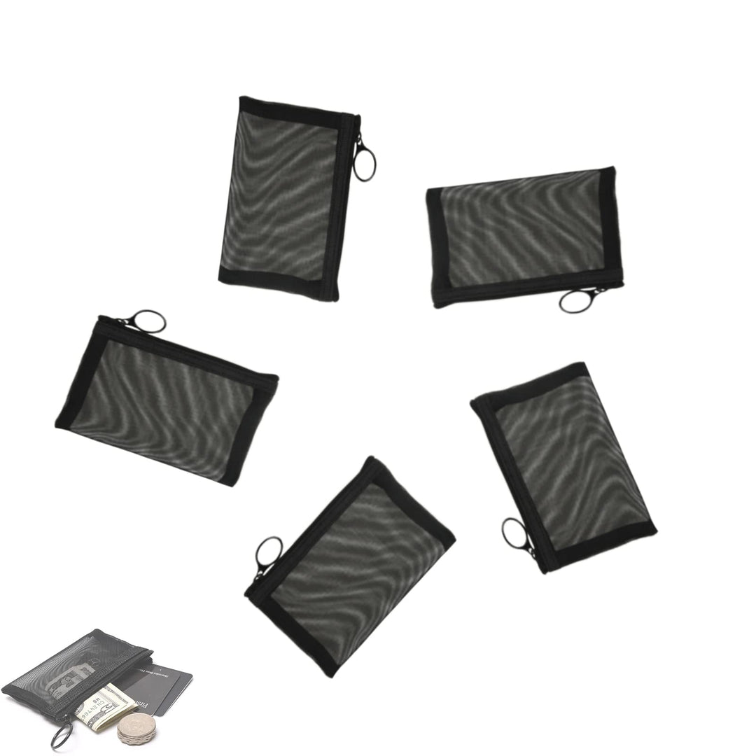 Patu Mini Zipper Mesh Bags, 3 x 4, Size XS / A8, 5 Pieces, Keychain Pouch Key Holder, Coin Purse, Clear Travel Kit Small Item Cosmetic Organizer, Black