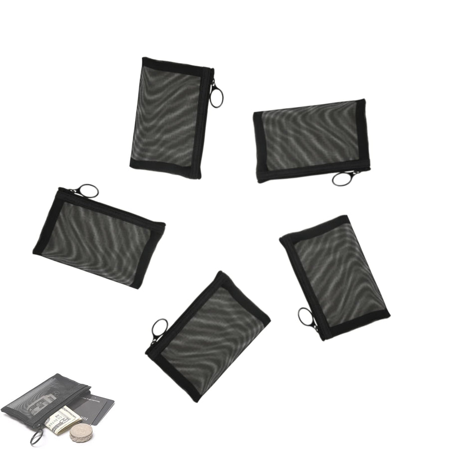 Patu Mini Zipper Mesh Bags, 3 x 4, Size XS / A8, 5 Pieces, Keychain Pouch Key Holder, Coin Purse, Clear Travel Kit Small Item Cosmetic Organizer, Black