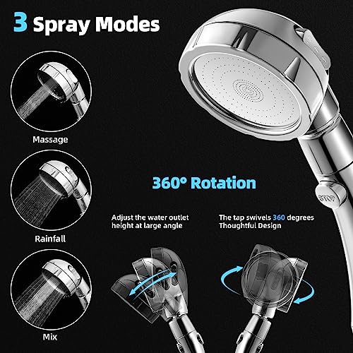 High Pressure Shower Head, 3-Settings Handheld Showerhead with ON/Off Full Shutoff Push Button and Switch to Control Flow, Angle-Adjustable Water Saving Body Sprays(Chrome)
