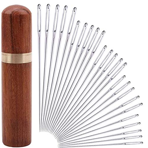 25Pieces Hand Sewing Big Eye Needles Sharp Needle,with Solid Wood Needle Case for