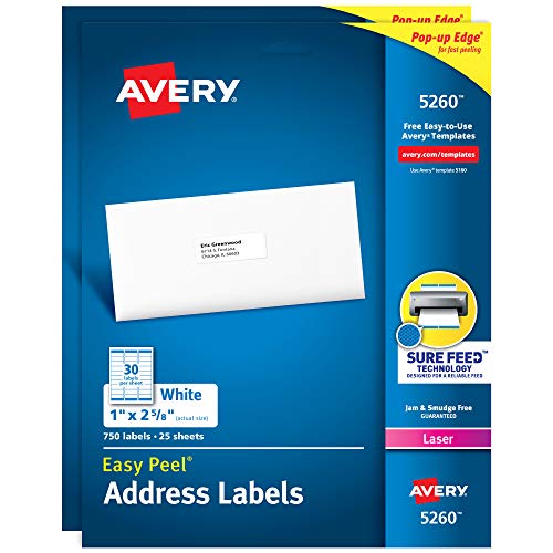 Avery Printable Address Labels with Sure Feed, 1 x 2-5/8, White, 750 per Pack, 2 Packs, 1,500 Blank Mailing Labels (5260)