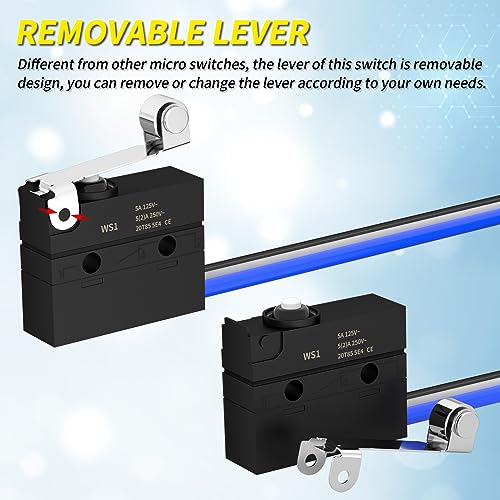 Micro Switch with Lever Waterproof IP67 Sealed Roller Lever Limit Switch SPDT 3 PIN Pre-Wired Micorswitch 5A 250VAC -2PC