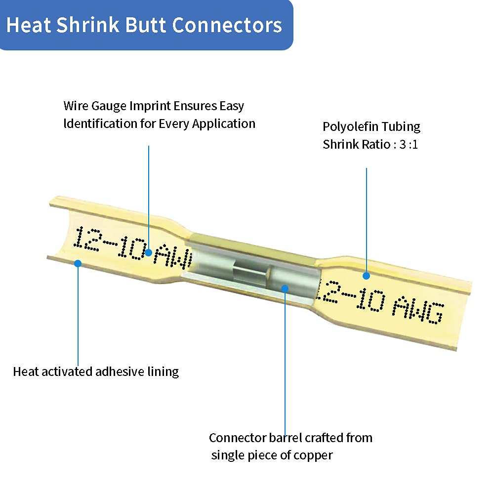 Heat Shrink Butt Connectors, 12-10 AWG 50 Pcs Yellow Waterproof Crimp Terminals Electrical Wire Connectors Splice for Marine, Cable, Wiring