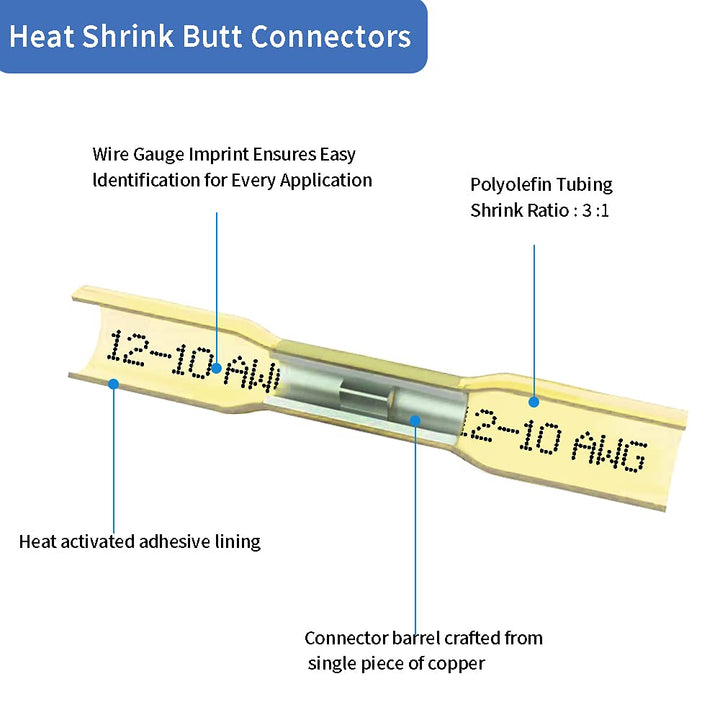 Heat Shrink Butt Connectors, 12-10 AWG 50 Pcs Yellow Waterproof Crimp Terminals Electrical Wire Connectors Splice for Marine, Cable, Wiring