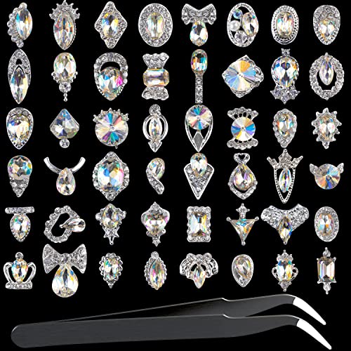 Nail Rhinestones 48Pcs Big Charms Silver 3D Crystals Iridescent Diamonds Silver Metal Frame for DIY Crafts Nail Art