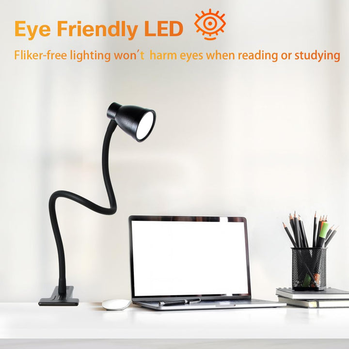 Clamp Desk Lamp, Clip on Reading Light, 3000-6500K Adjustable Color Temperature, 6 Illumination Modes, 10 Led Beads (Black)