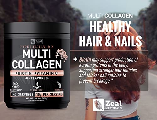 Premium Multi Collagen Peptides Protein Powder (1, 2, 3, 5 & 10) with Vitamin C, Biotin, Hyaluronic Acid, for Hair Skin and Nails - Marine, Bovine, Chicken & Eggshell (Unflavored, 45 Servings)