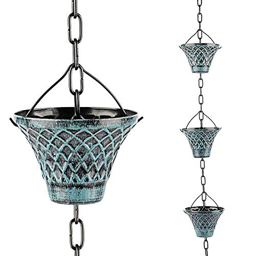Rain Chains 8.5 Ft, Gutter Downspouts Diverter Outdoor Metal Copper Plaid Rainwater Extensions, 12 Cups