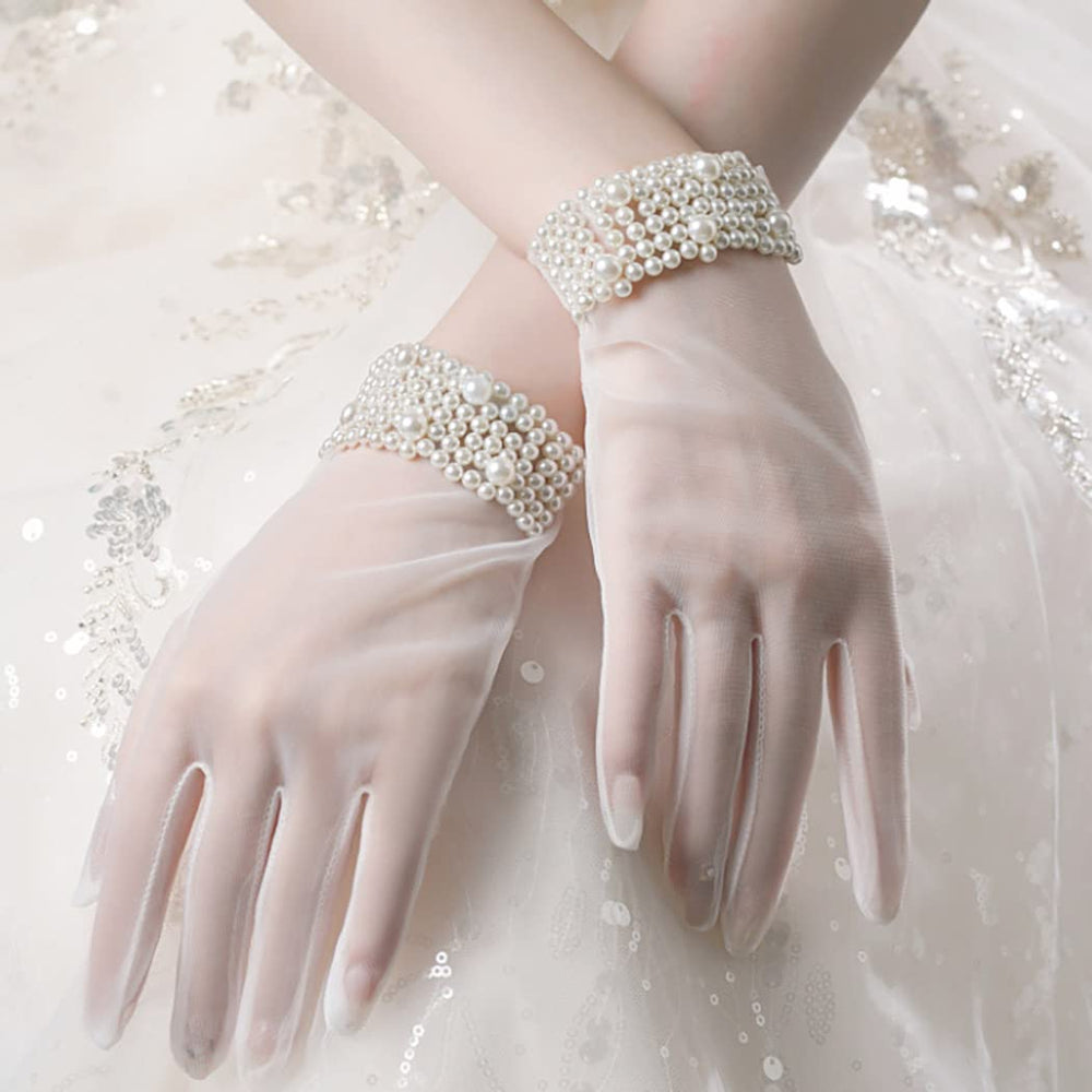 Wedding Bridal Lace Gloves White Sheer Pearl Gloves Elegant Full Fingered Gloves Prom Opera Dinner Party Cosplay for Women and Girls