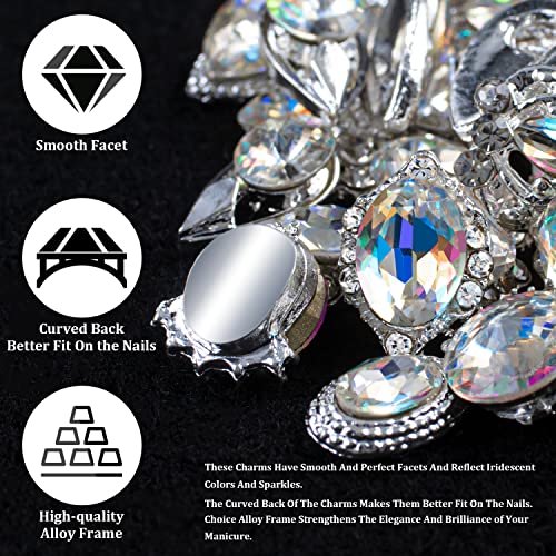 Nail Rhinestones 48Pcs Big Charms Silver 3D Crystals Iridescent Diamonds Silver Metal Frame for DIY Crafts Nail Art