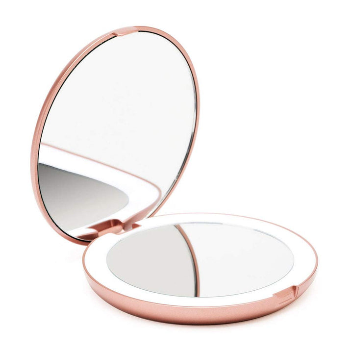 LED Lighted Travel Makeup Mirror, 1x/10x Magnification - Daylight LED, Compact, Portable, Large 5 Wide Illuminated Folding Mirror (Lumi) Rose Gold
