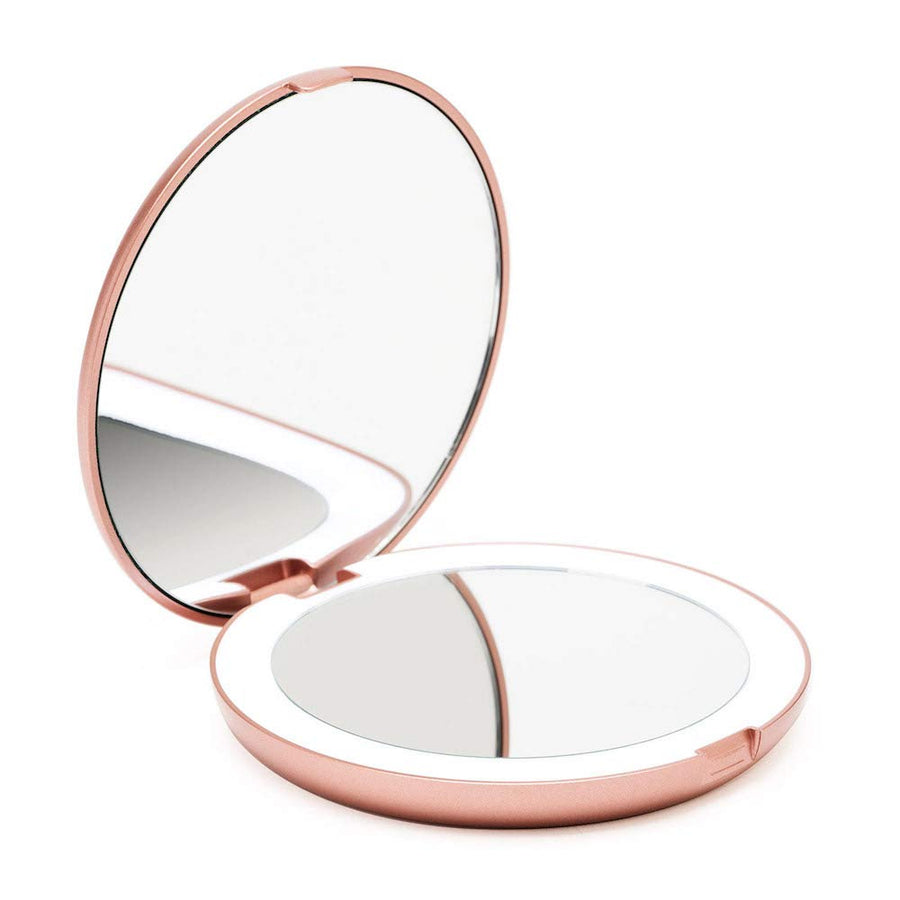 LED Lighted Travel Makeup Mirror, 1x/10x Magnification - Daylight LED, Compact, Portable, Large 5 Wide Illuminated Folding Mirror (Lumi) Rose Gold
