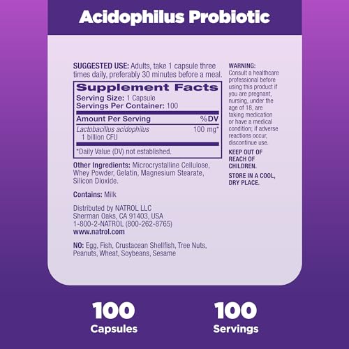 Acidophilus Probiotic 100 mg, Dietary Supplement for Healthy Gut Function, Digestive Health Capsules for Adults, 100 Capsules, Up to a 33 Day Supply