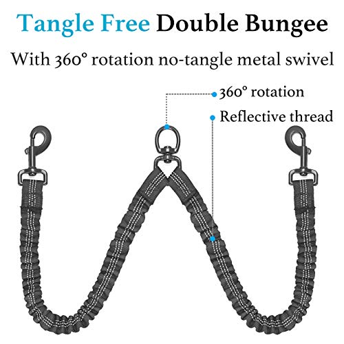 Dual Dog Leash - Tangle-Free 360° Swivel & Shock-Absorbing Bungee, Double Leash for Walking Two Dogs (Large, 25-150 lbs, Black)