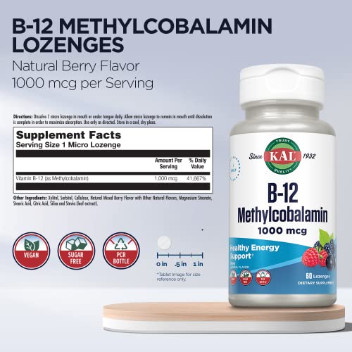 Vitamin B-12 Methylcobalamin Lozenges 1000mcg, Healthy Energy, Metabolism, Nerve & Red Blood Cell Support,* Optimal Absorption, Natural Berry Flavor, Vegan, Sugar Free, 60 Servings, 60 Lozenges