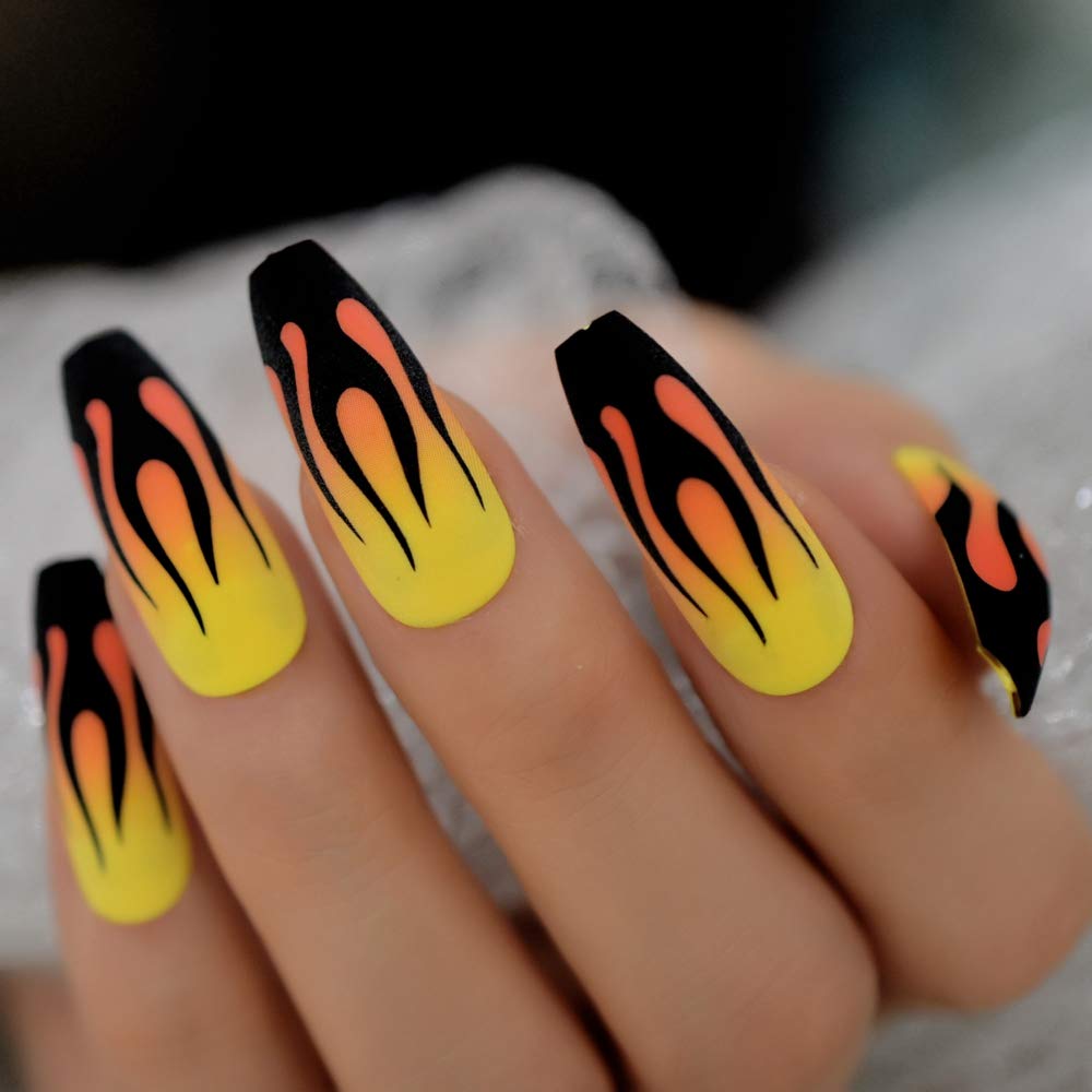 CoolNail Fire Nails Matte Black Yellow Press on False Nails Extra Long Coffin Ballerina Frosted Glue On Fingersnails Free Adhesive Tapes
