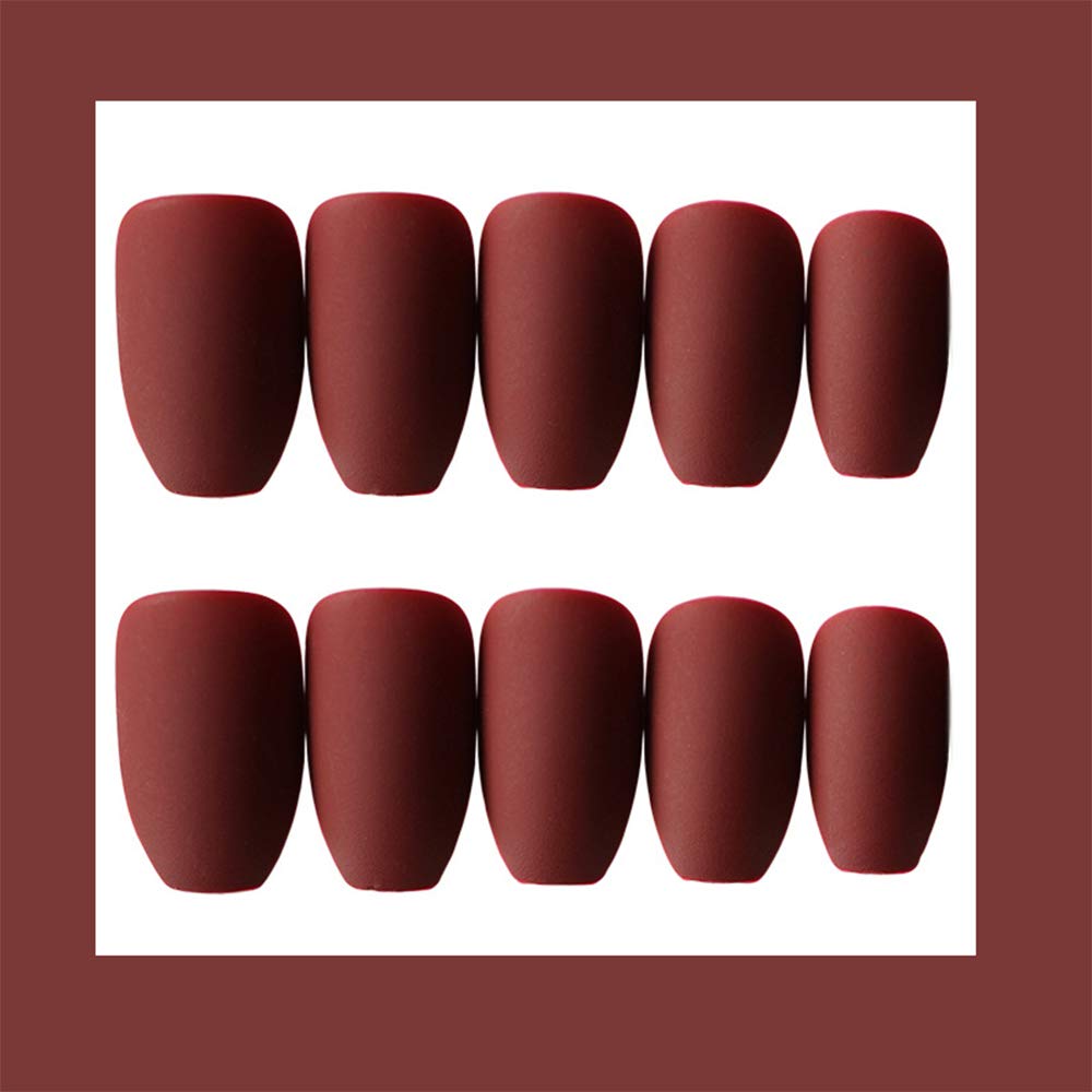 24Pcs Ballerina Matte False Nail Medium Pure Color Full Cover Square Coffin Nails with Glue Sticker Boho Clip on Nails Art Tips Set for Women and Girls (Burgundy)