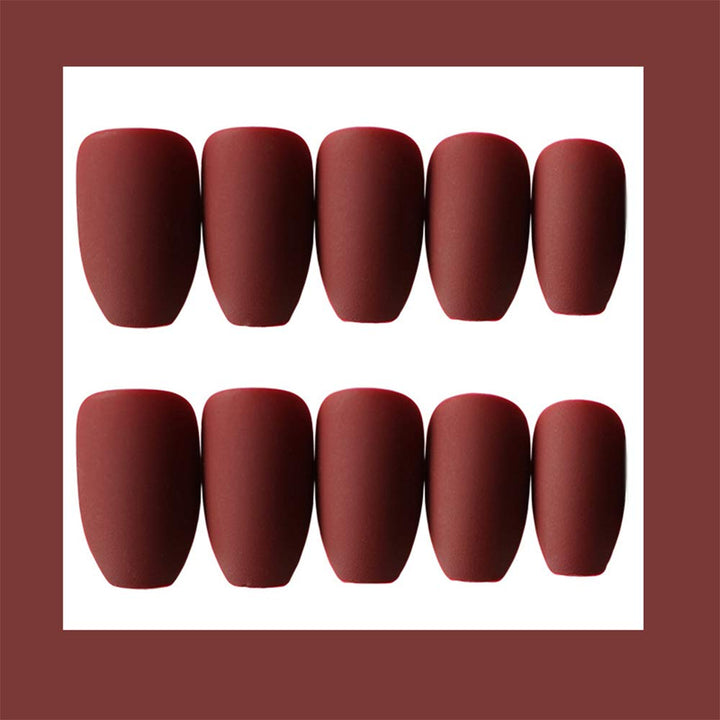 24Pcs Ballerina Matte False Nail Medium Pure Color Full Cover Square Coffin Nails with Glue Sticker Boho Clip on Nails Art Tips Set for Women and Girls (Burgundy)