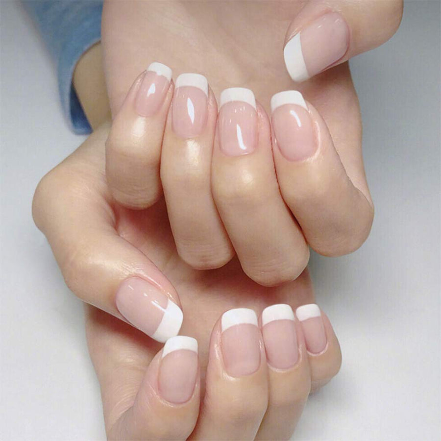 24Pcs French False Nails Simple Pink Nude Glossy Full Cover Artificial Fingernails Medium Square Fake Nails with Glue for Women and Girls (Style 8)