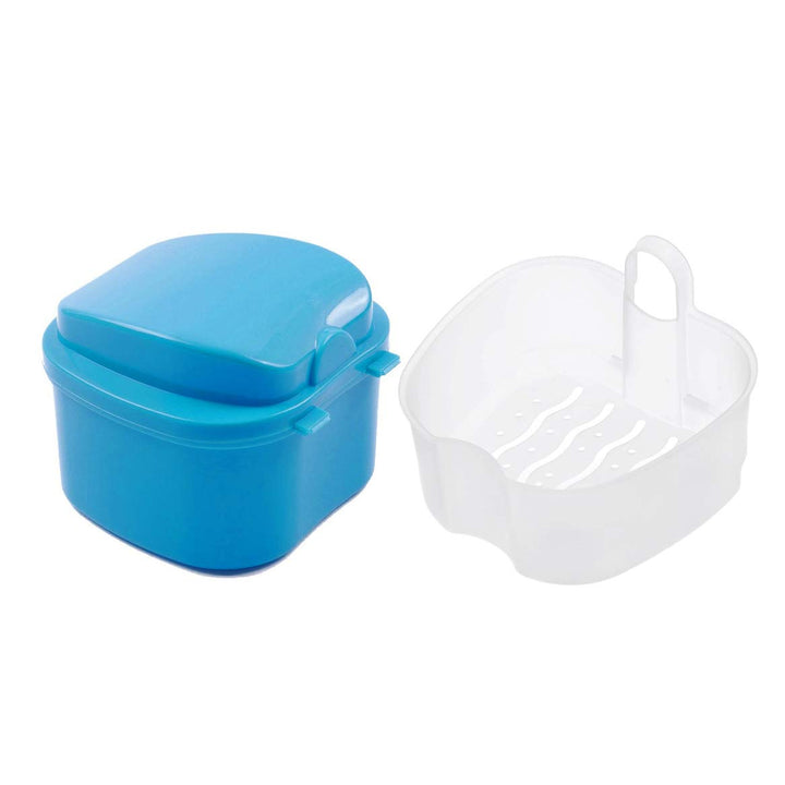 Denture Case, Denture Cup with Strainer Denture Bath Box with Cleaning Brush, Deture Bath for Retainer Cleaning (Blue)