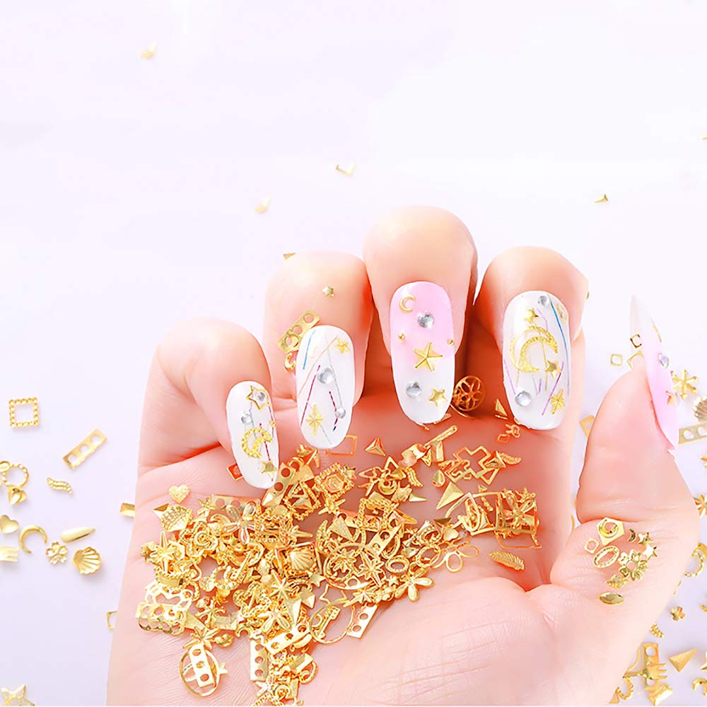 6 Boxes Gold Hollow Nail Metal Studs Modern Cross Geometry Nail Art Charm 3D Nail Jewelry Decoration With 1Pc Tweezers And Picker Pencil
