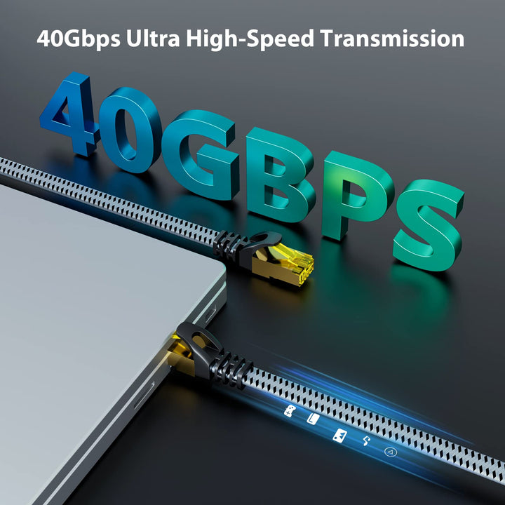 Cat 8 Ethernet Cable 10 FT 2 Pack, 40Gbps 2000Mhz High Speed Cat8 Network LAN Patch Cord, Nylon Braided Heavy Duty Shielded RJ45 Flat Internet Cable for Indoor Outdoor - 10 Feet (Grey)