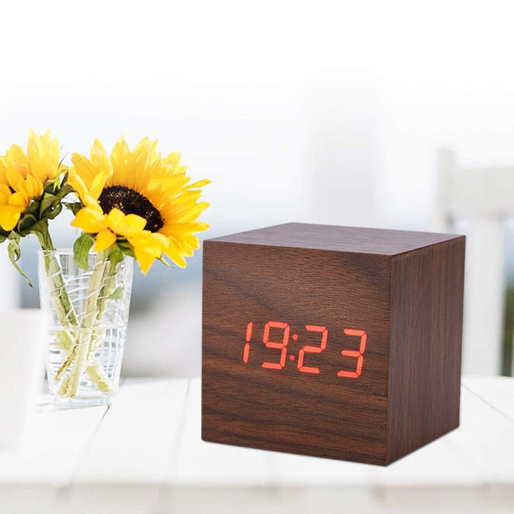 Digital Alarm Clock, LED Clock 3 Levels Brightness Modern Wooden Cube Clock Temperature Display with Voice Control for Bedrooms (Brown)
