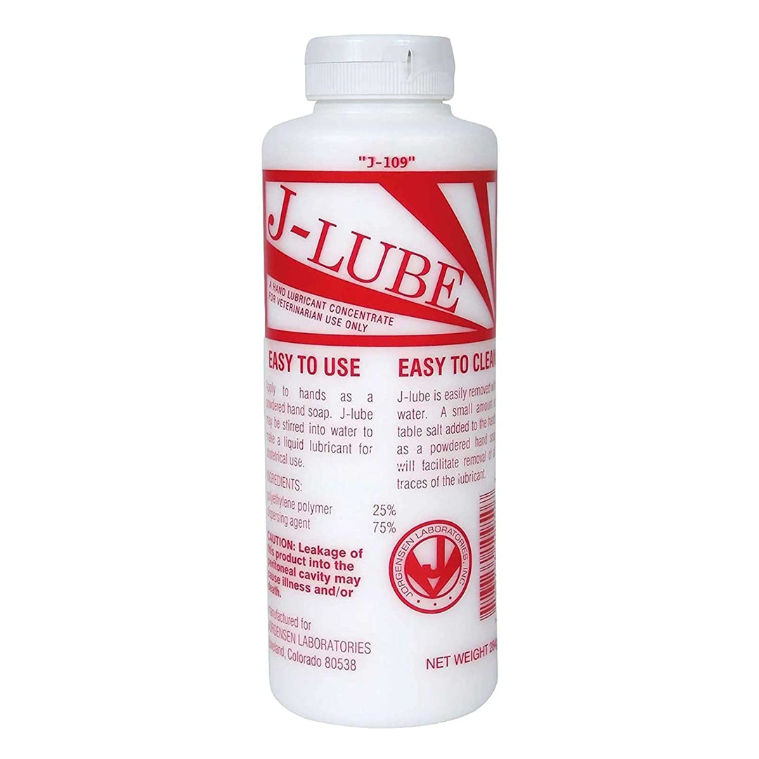 J-Lube Powder Lubricant | Easy-Mix Formula, Non-Irritating & Mess-Free | 10oz Bottle Makes 6-8 Gallons | Trusted for Veterinary & Obstetrical Use | Safe, Smooth & Easy to Clean | Red White